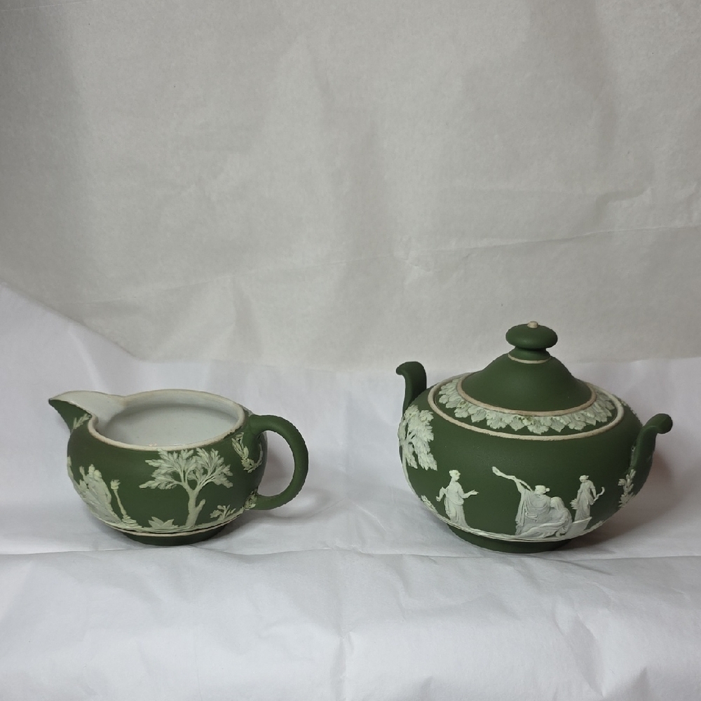 Wedgwood Jasperwar Green Cream And Sugar